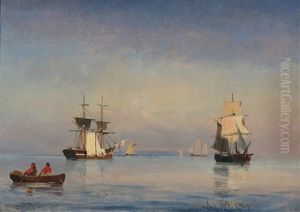Seascape With Sailing Ships And A Rowing Boat On Still Waters by Carl Fredrick Sorensen