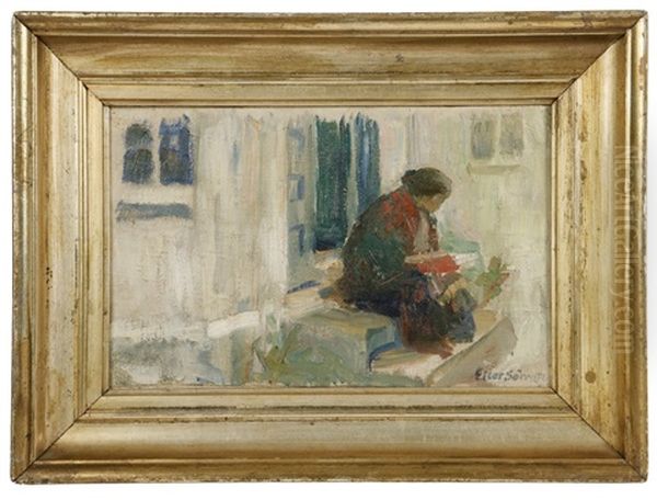 Woman Reading On Stoop - view 1