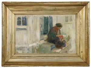Woman Reading On Stoop by Eiler (Carl) Sorensen