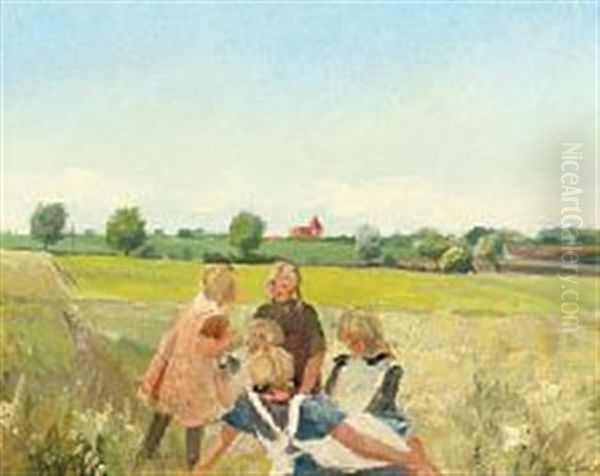 Danish Landscape With Playing Girls In The Fields - view 1