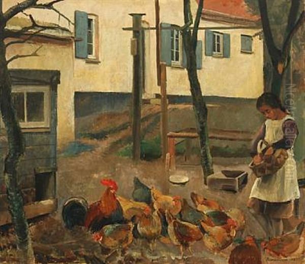Young Girl Feeding The Hens - view 1