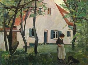 Danish Summer Landscape With A Woman And Her Dog In A Garden By A House