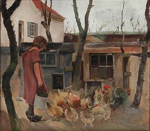 A Girl Feeding Chickens - view 1