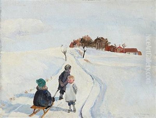 Winter Day In The Country With Children Playing With A Toboggan - view 1