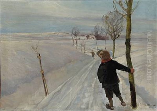 Winter Landscape With Two Friends Meeting On The Country Road - view 1