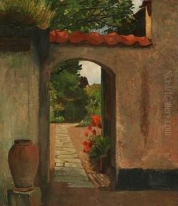 Blooming Tulips By A Garden Wall by Eiler (Carl) Sorensen