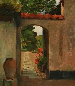 Blooming Tulips At A Garden Wall by Eiler (Carl) Sorensen