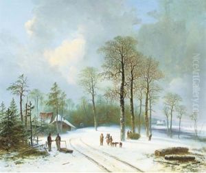 Figures On A Snow-covered Forest Path