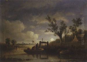 Fishermen At Work By Moonlight by Jacobus Loerenz Sorensen