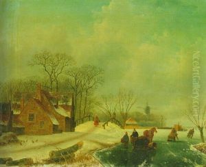 A Winter Landscape With Figures On A Frozen Waterway With A Koek En Zopie Beyond by Jacobus Loerenz Sorensen
