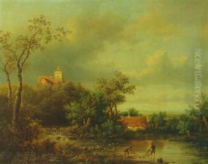 A Wooded Landscape With Fishermen Inspecting Their Nets On The Bank Of A Creek, A Castle Beyond
