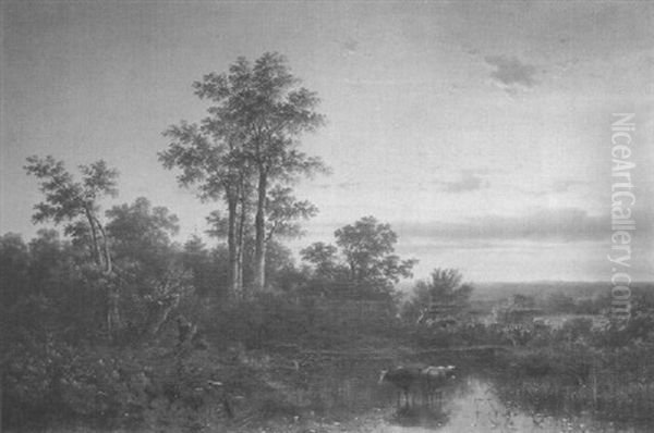 Sunset Landscape With Cattle Watering - view 1