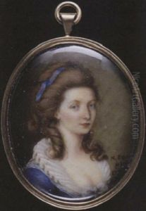 A Lady Wearing Blue Dress, White Lace Collar, A White Bow At Her Corsage, A Matching Blue Ribbon In Her Brown Hair by Nicolas Soret
