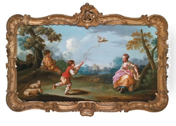 Kinder Mit Ihrer Mutter Beim Spiel Mit Einem Angeleinten Vogel - view 1