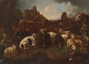 Two Southern Landscapes With Shepherds And Their Flocks by Domenico Brandi