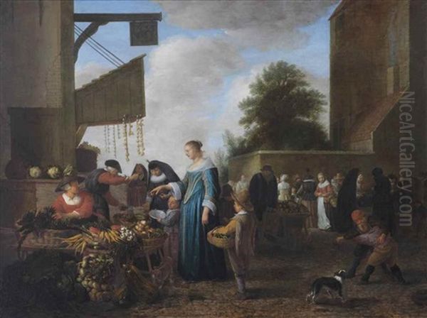A Busy Market With An Elegant Lady Purchasing Vegetables At A Stall - view 1