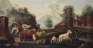 A Pair Of Overdoors Featuring Southern Mountain Landscapes Populated By Shepherds by Domenico Brandi