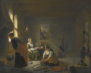 A Kitchen Interior With Christ At Emmaus by Hendrick Martensz Sorgh