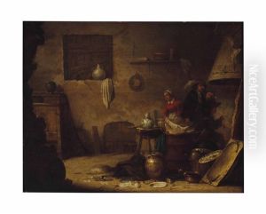 An Interior With Two Men Smoking By The Fire And A Washerwoman by Hendrick Martensz Sorgh