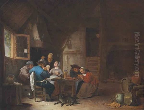 An Interior With Peasants Seated Around A Table Playing Cards - view 1