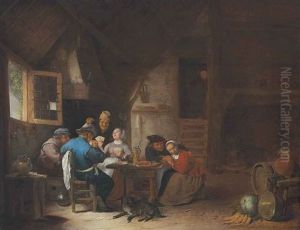 An Interior With Peasants Seated Around A Table Playing Cards by Hendrick Martensz Sorgh