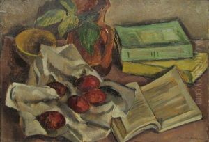 Still Life With Books And Red Eggs by Tache Soroceanu
