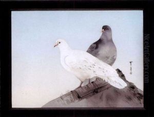 A Gray And A White Dove Perched On A Thatched Roof (after Watanabe Seitei)