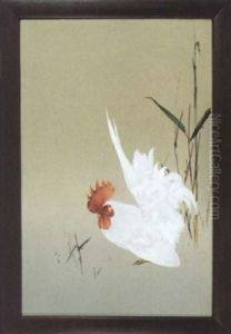 Hahn In Weisem Federkleid Mit Hochgestellten Schwanzfedern by Namikawa Sosuke