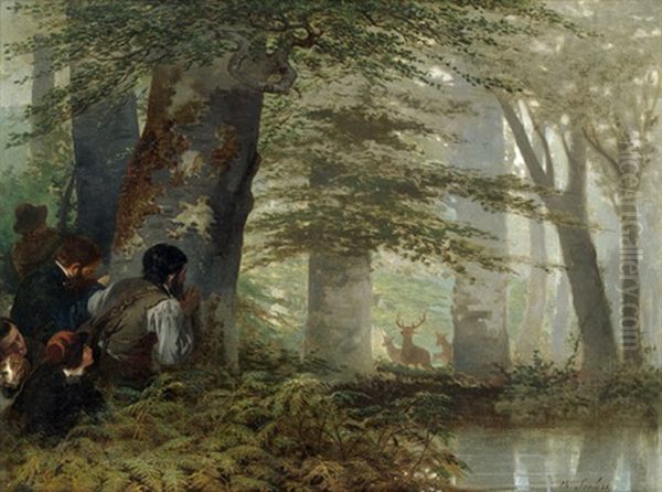 Waldlandschaft Mit Jagern Und Einem Hirschrudel - view 1