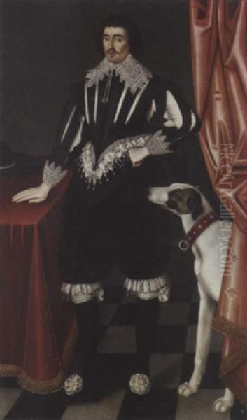 Portrait Of George Villiers, Duke Of Buckingham, In A Black Slashed Doublet And Hose, His Right Hand Resting On A Table, A Dog At His Side, In An Interior - view 1