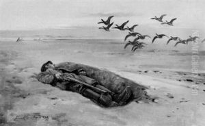 A Concealed Fowler Observing Brent Geese by Frank Southgate