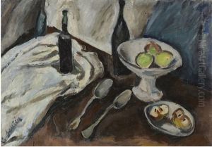 Nature Morte A La Coupe De Fruits Et Aux Trois Bouteilles