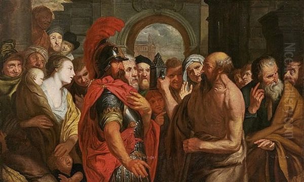 Diogenes, Carrying A Lighted Lantarn By Daylight, Trying To Find An Honest Man In A Crowded Market-place - view 1