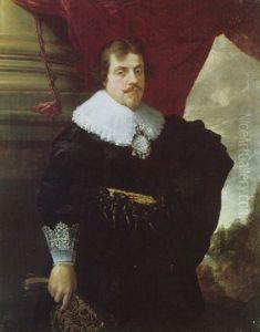Portrait Of A Gentleman Wearing Black With A White Lace Colar And Cuffs, Holding A Pair Of Embroidered Gloves