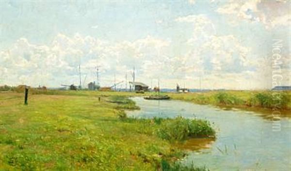 Landscape With A Stream And Ship's Masts In The Background, Summer - view 1