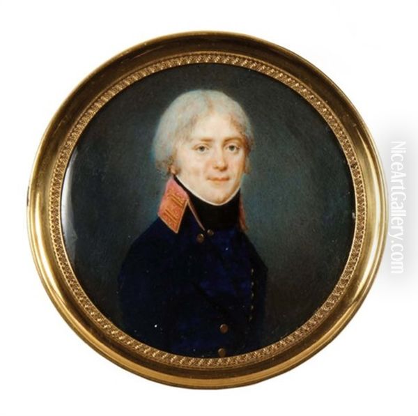 Portrait D'homme En Redingote Bleue A Haut-col Rouge Rebrode D'or - view 1