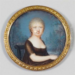 Portrait D'une Jeune Fille En Robe De Soie Brune, Assise Devant Un Paysage by Jean Baptiste Soyer