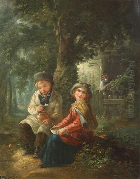 Couple D'enfants Mangeant Devant Une Ferme Dans La Foret - view 1