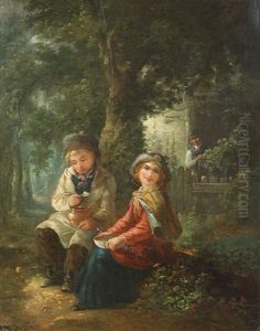 Couple D'enfants Mangeant Devant Une Ferme Dans La Foret Couple D'enfants Mangeant Devant Une Ferme Dans La Foret
