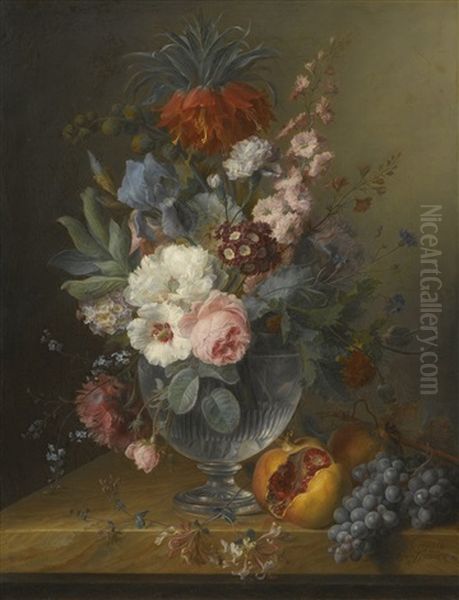 Still Life Of Flowers In A Glass Vase With Honeysuckle, Pomegranates And Grapes, All On A Marble Ledge - view 1