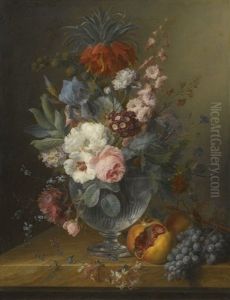 Still Life Of Flowers In A Glass Vase With Honeysuckle, Pomegranates And Grapes, All On A Marble Ledge