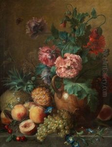 Groses Stillleben Mit Gefullten Mohnblumen In Einer Tonvase Neben Fruchten