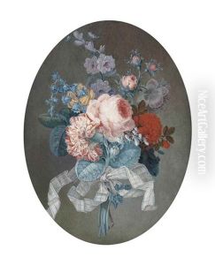 A Bouquet Of Roses, Peonies And Bluebells Tied With A Ribbon by Cornelis van Spaendonck
