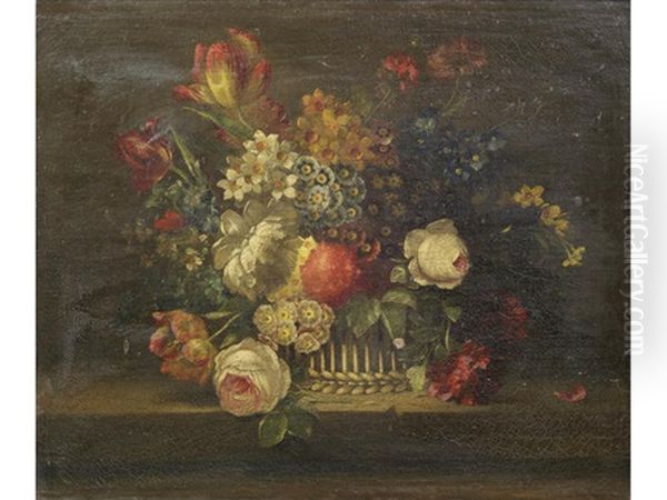 Roses, Narcissi, Primulae And Other Flowers In A Wicker Basket On A Table Top - view 1