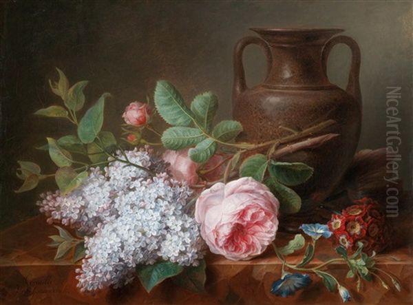 Ein Stillleben Aus Flieder, Rosen Und Veilchen Auf Einer Marmorplatte - view 1