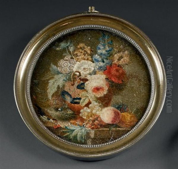 Vase De Fleurs Sur Un Entablement De Marbre, Un Oiseau Pres D'un Nid, Un Ananas Et Des Fruits Poses Au Naturel - view 1