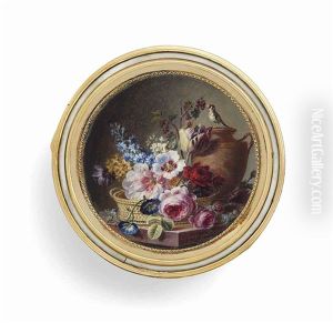 A Floral Still-life With Flowers In A Basket: Roses, Parrot Tulip, Delphinium, Tobacco Flowers, Poppies, A Bird's Nest With Eggs,... by Cornelis van Spaendonck