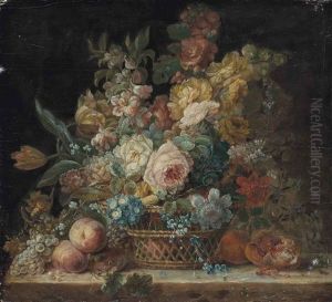 Roses, Convolvulus, Parrot Tulips And Other Flowers In A Wicker Basket, With Grapes, Peaches And A Pomegranate On A Stone Ledge by Cornelis van Spaendonck