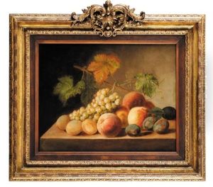 Nature-morte De Peches Raisins Et Prunes Sur Un Entablement De Pierre