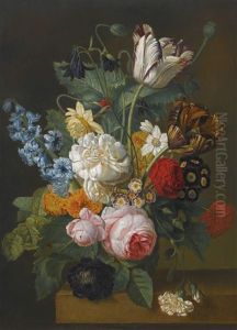 Still Life Of Flowers, Including Roses, Tulips And A Hyacinth, On A Ledge by Gerard Van Spaendonck